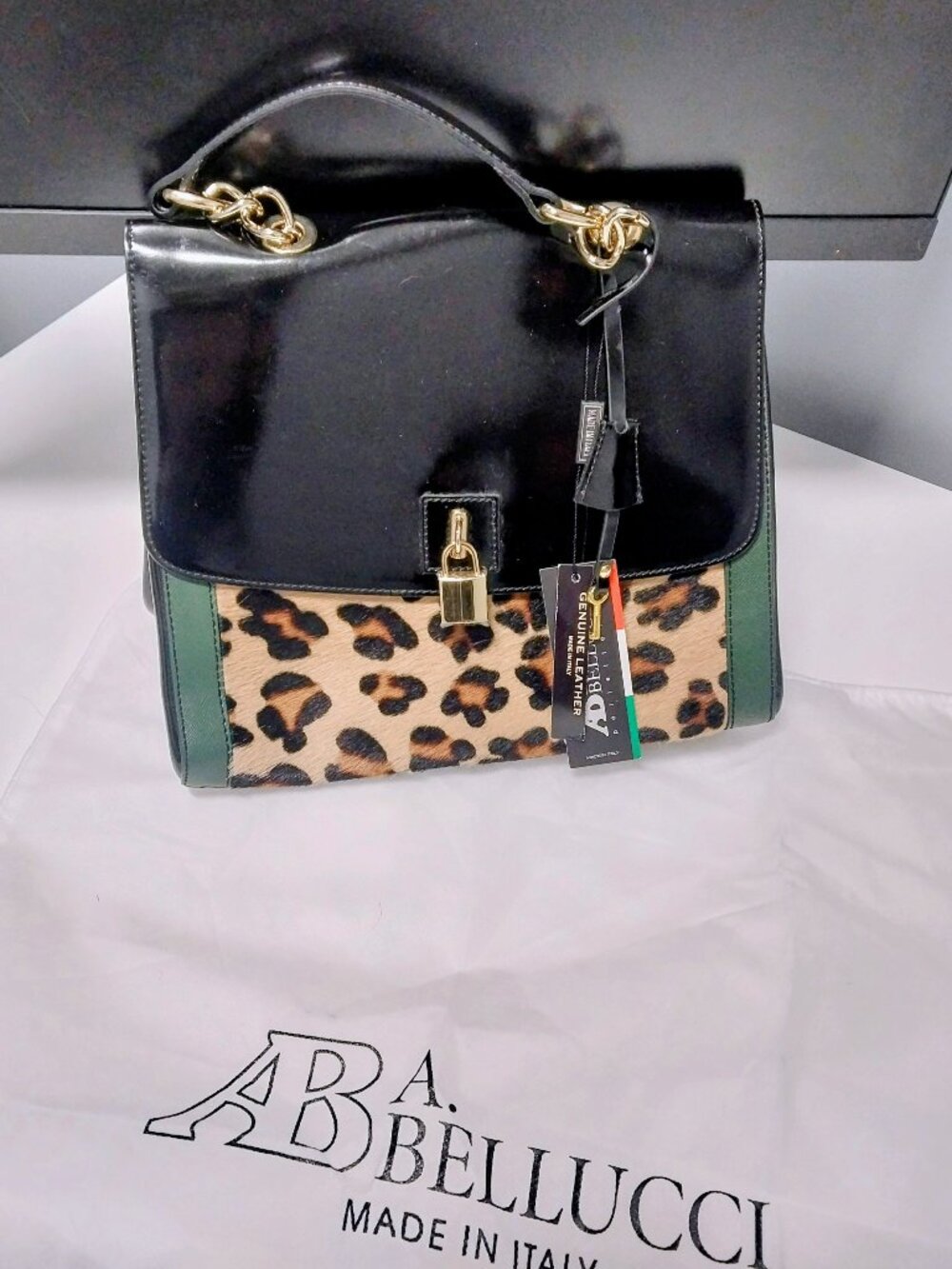 A Bellucci Calf Hair Leopard Patent Leather Handbag Chain Strap Green Black Bag